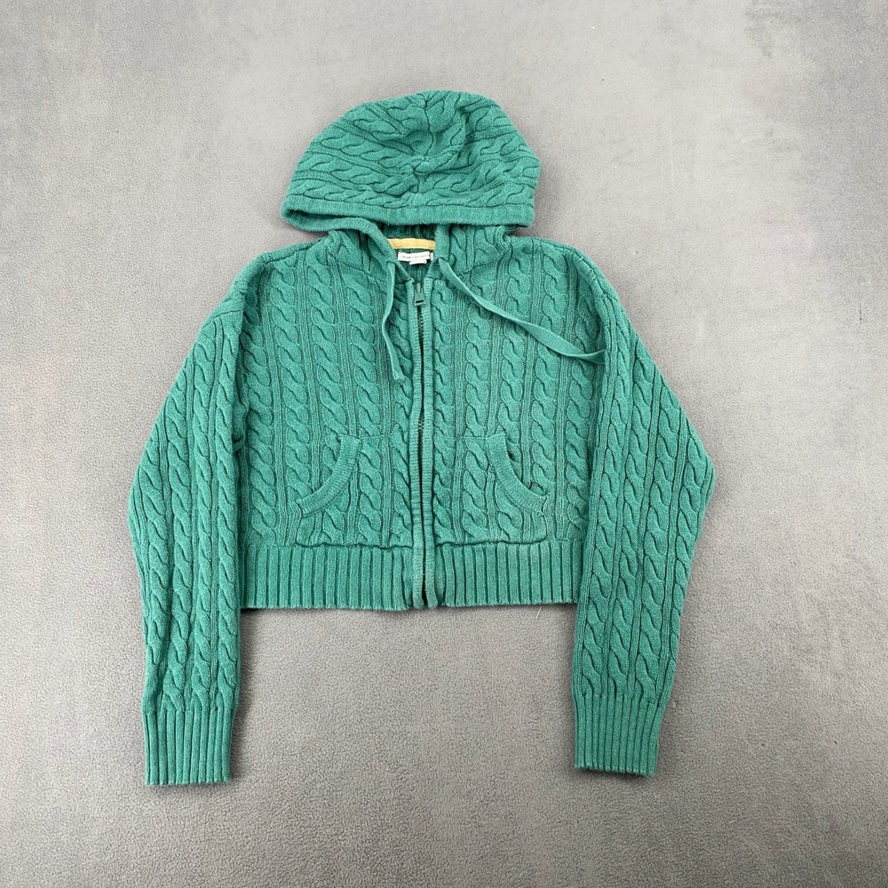 American Eagle Green Cable Knit Zip Up Cropped Hoodie Sweater Y2K Vtg Medium
